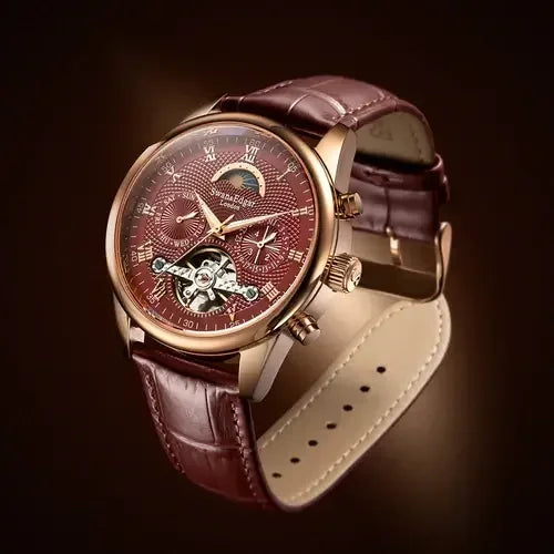 luxury men's wristwatch with rose gold case, burgundy dial, moonphase and brown leather strap