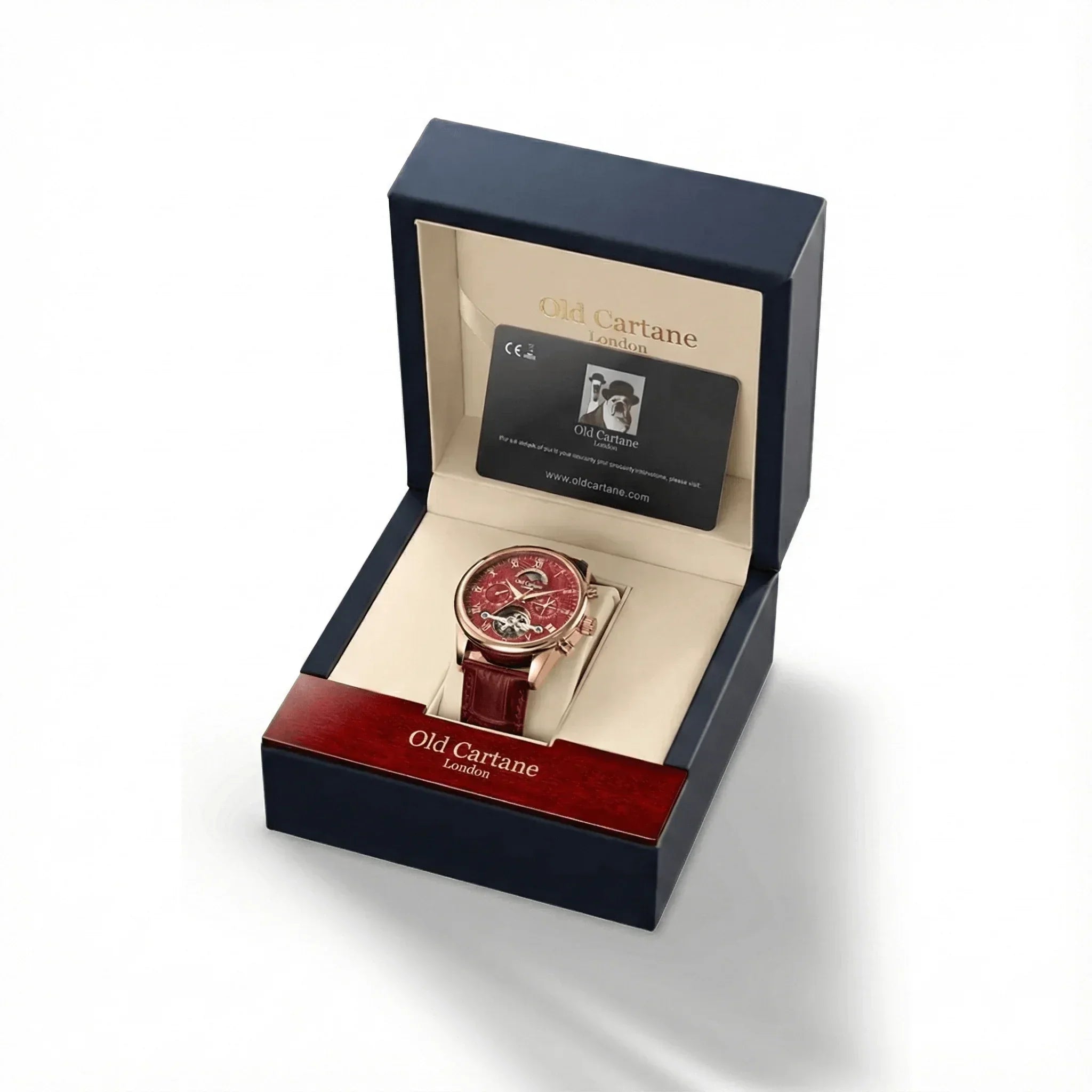 Old Cartane London men's watch with red dial and leather strap in luxury gift box