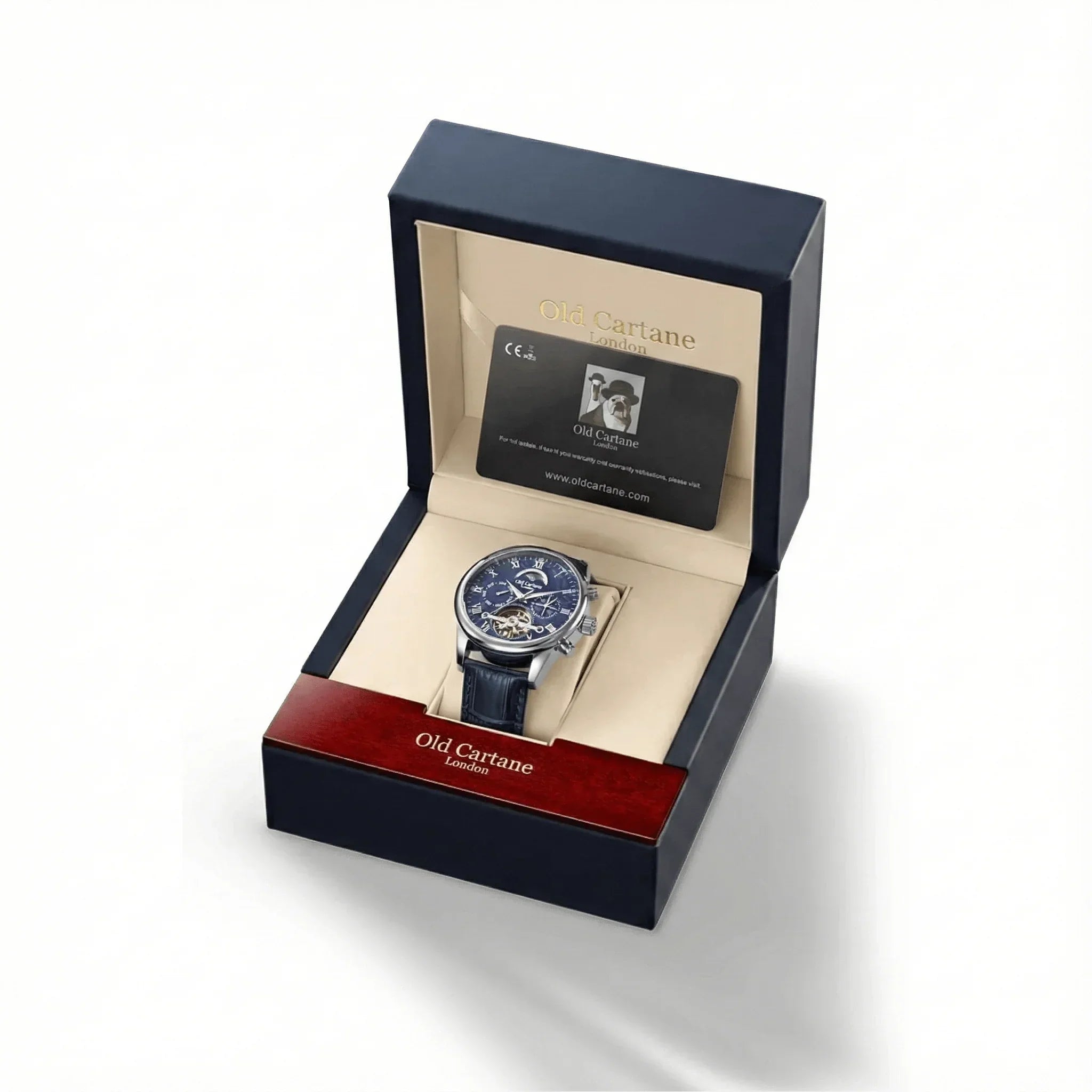 Old Cartane London luxury men's watch with blue dial and leather strap in navy blue and cream gift box