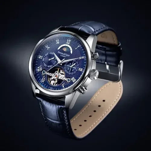 Luxurious blue-faced wristwatch with moon phase, multiple subdials, stainless steel case, and blue leather strap