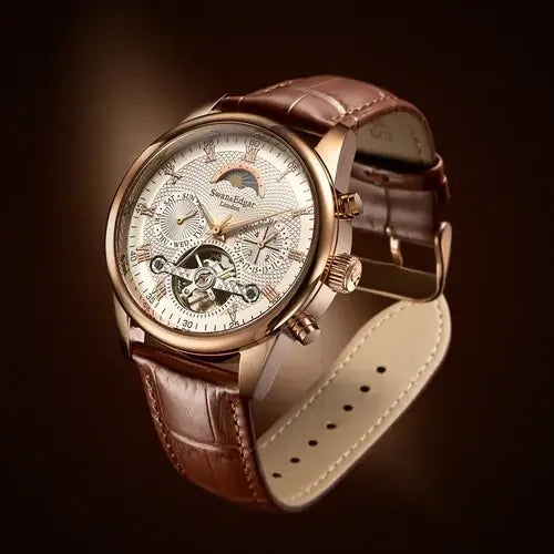 Luxury rose gold wristwatch with brown leather strap and intricate multi-dial face